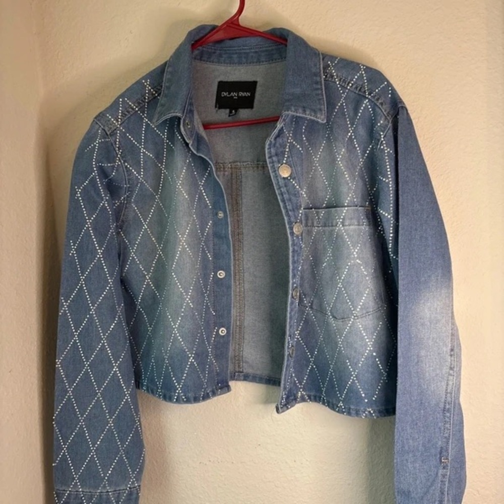 Dylan Kain Light Blue Rhinestone Argyle Cropped Jean Jacket